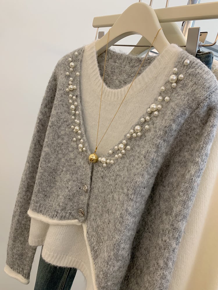 【tops】パールドッキングニットセーター　M29136