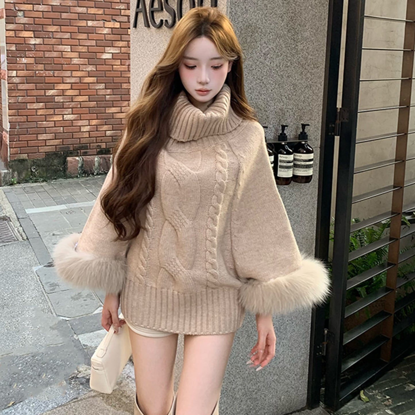 【tops】2WAY袖ファーオフショルニットトップス　N3378