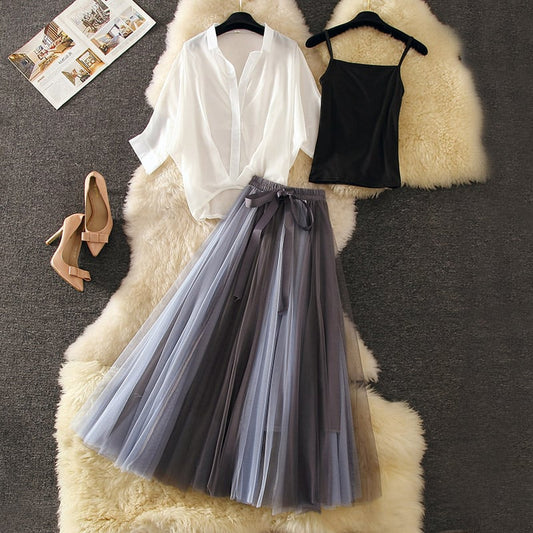 【set】今季大好評おしゃれ3点セット無地ブラウス+キャミソール＋切り替えメッシュスカートF0050