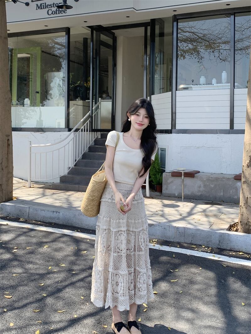 【set】トップス+レース透かし彫りスカート２点セットG21098