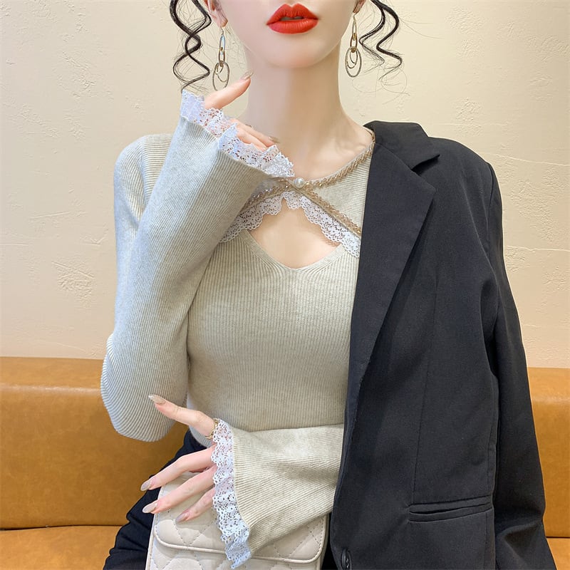 【tops】ビジューレース切り替えニットトップス　M27966