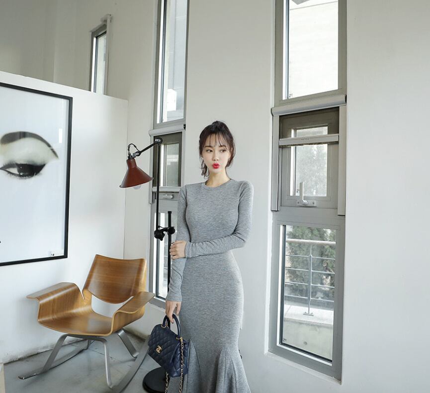 【dress】韓流スタイル気質満点長袖ラウンドネック体型カバーマーメイドワンピース G2416