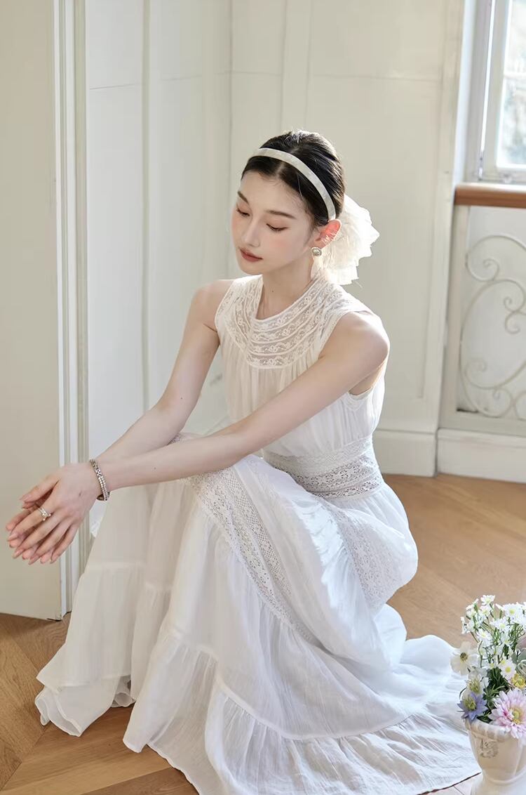 【dress】レースドッキングロングワンピース Q8386