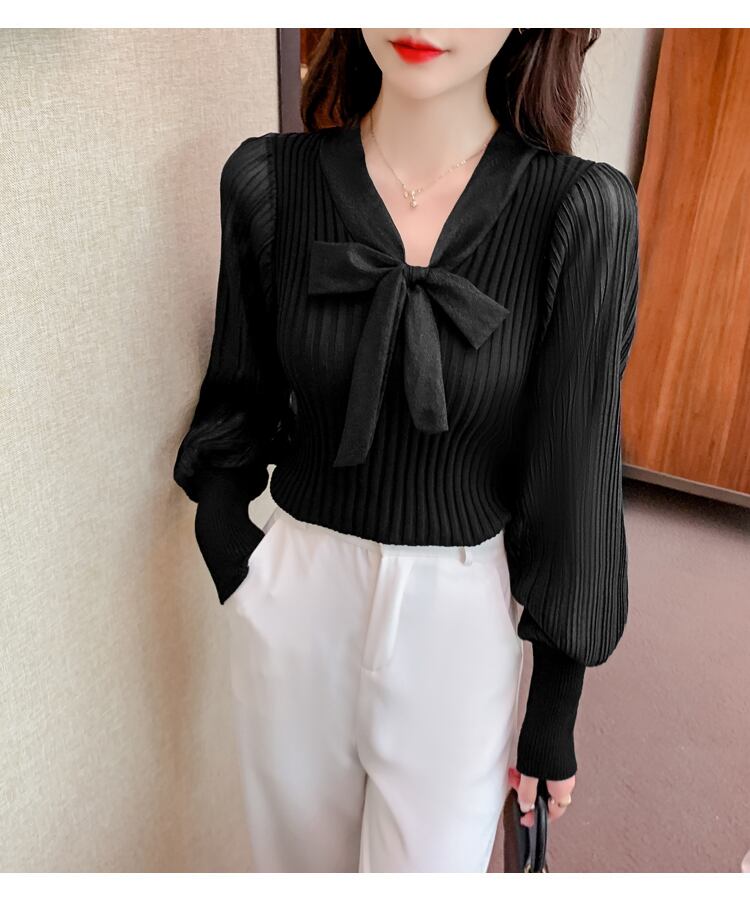 【tops】Vネック切り替えニットブラウスG16806