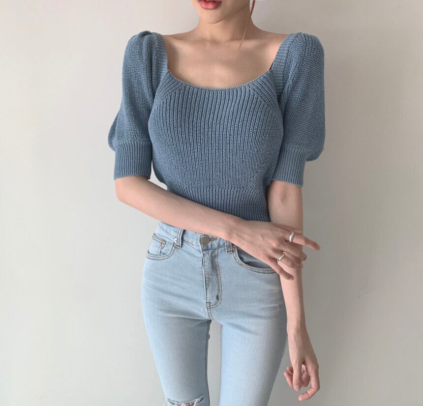 【tops】大人可愛いパフスリーブ無地ショート丈ボウタイニットF0022