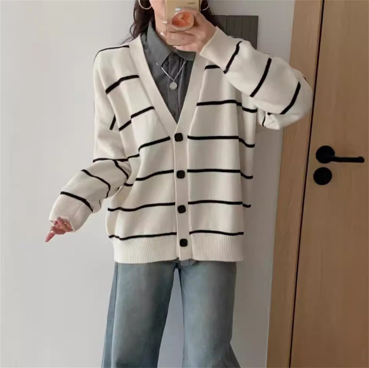 【outer】ボーダー柄ニットカーデ　M25954