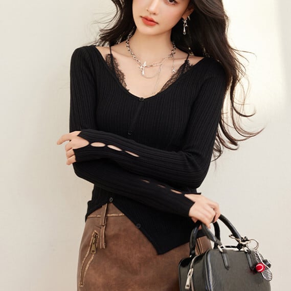 【tops】レース切り替えニットトップス　M28696