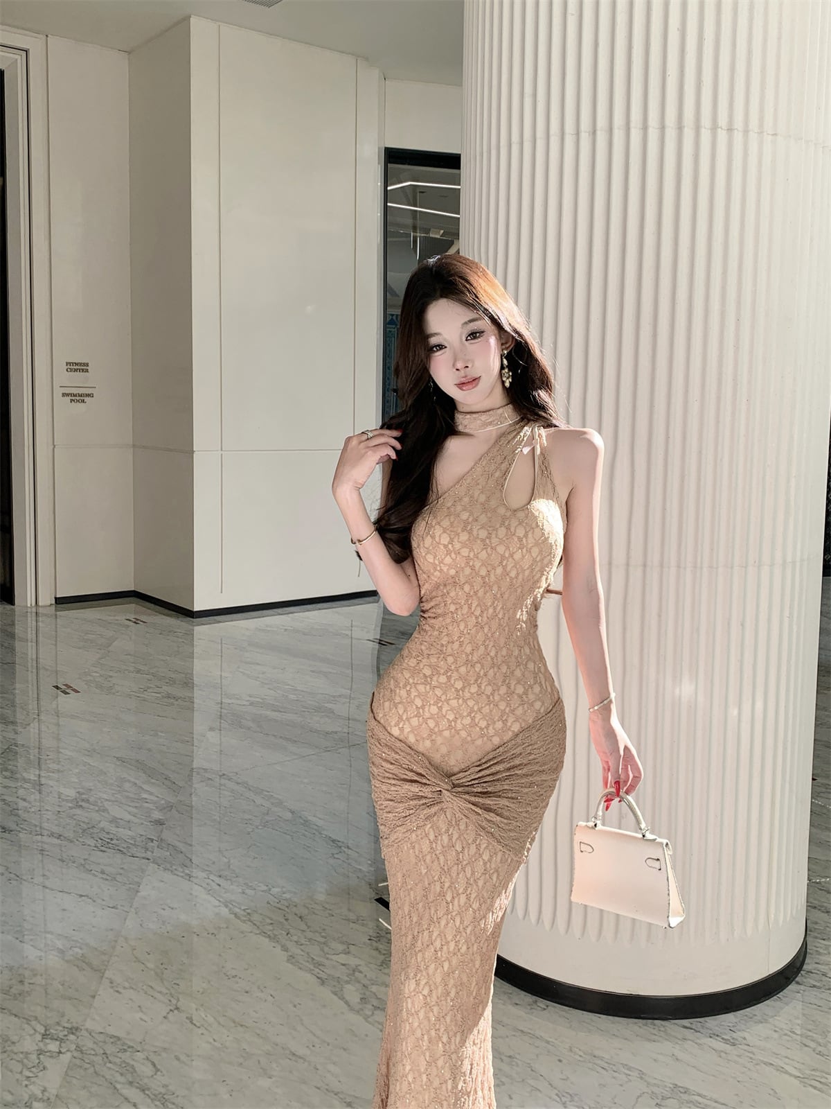 【dress】ワンショルダーレースロングワンピース Q7877