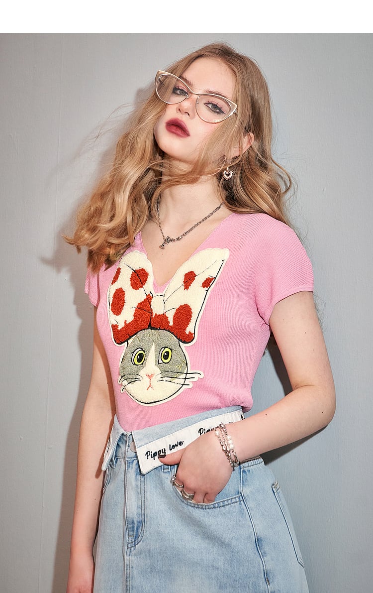 【tops】VネックニットプリントトップスG20926