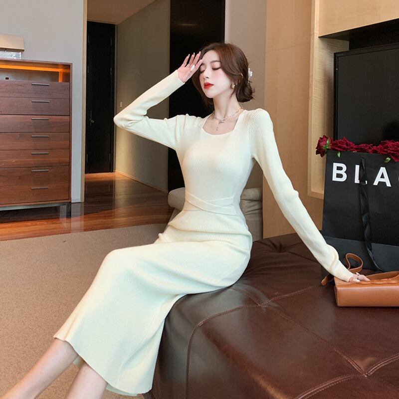 【dress】スクエアネックニットワンピース Q7577