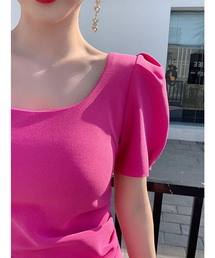 【dress】一目惚れ！韓国風INS風OL通勤スクエアネック半袖パフ袖スリット無地タイトワンピースF2364