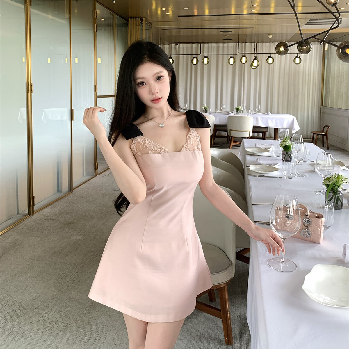 【dress】ショルダーリボンレースミニワンピース　N3129