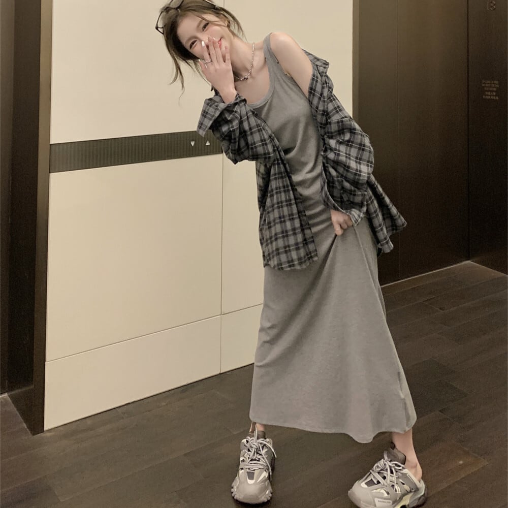 【set】チェック柄シャツ×キャミワンピースセット　M25124