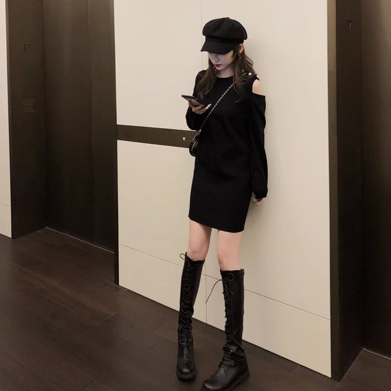 【dress】オープンショルダーニットワンピース Q7576