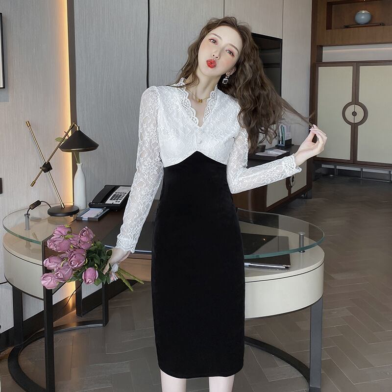 【dress】好感度UP!気質満点レース長袖体型カバー着痩せ偽二つ切り替えワンピース G3253