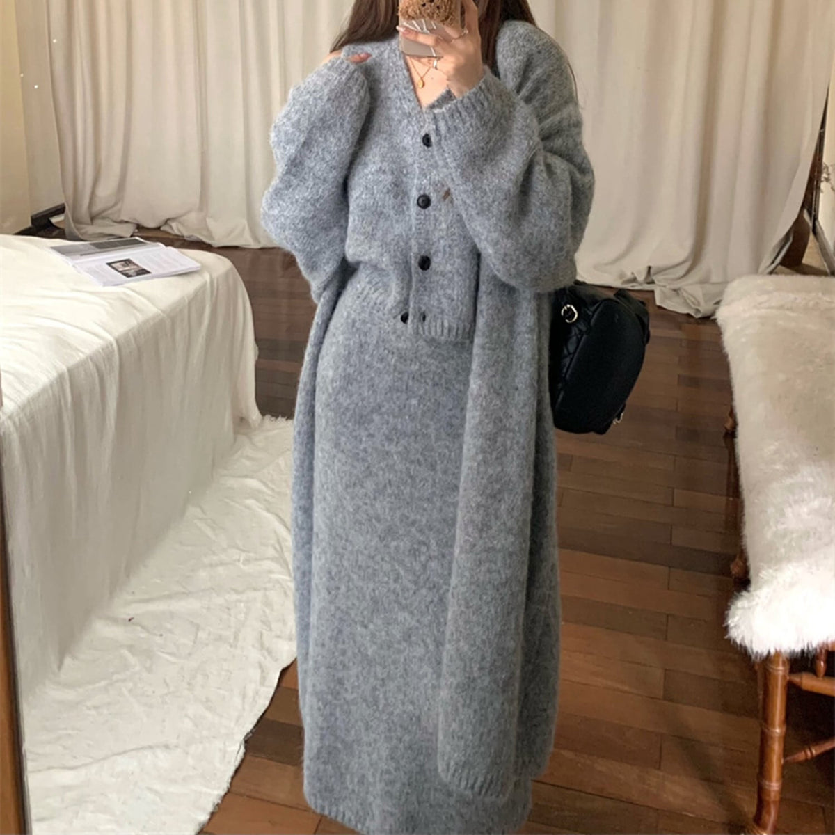 【set】ロング丈カーディガン×Vネックジレ×スカートニット3点セット　N2742