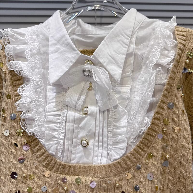【tops】スパンコール付きフェイクレイヤードニットトップス Q7997