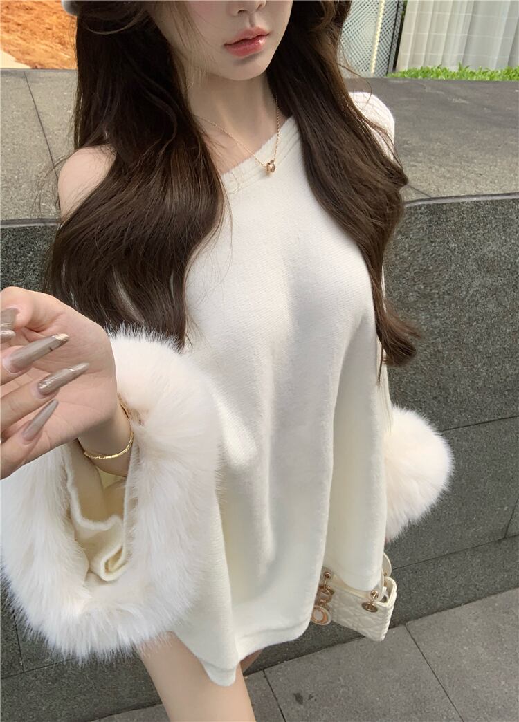 【tops】袖ファーオフショルダーニットトップス　M27715