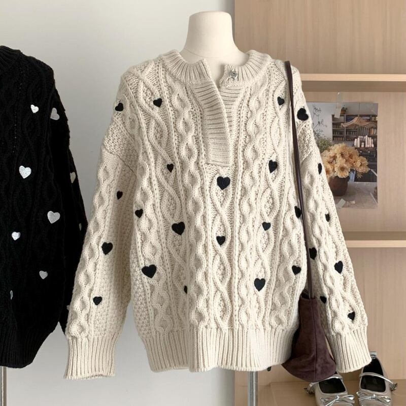【tops】ハート刺繡柄ニットトップス Q7360
