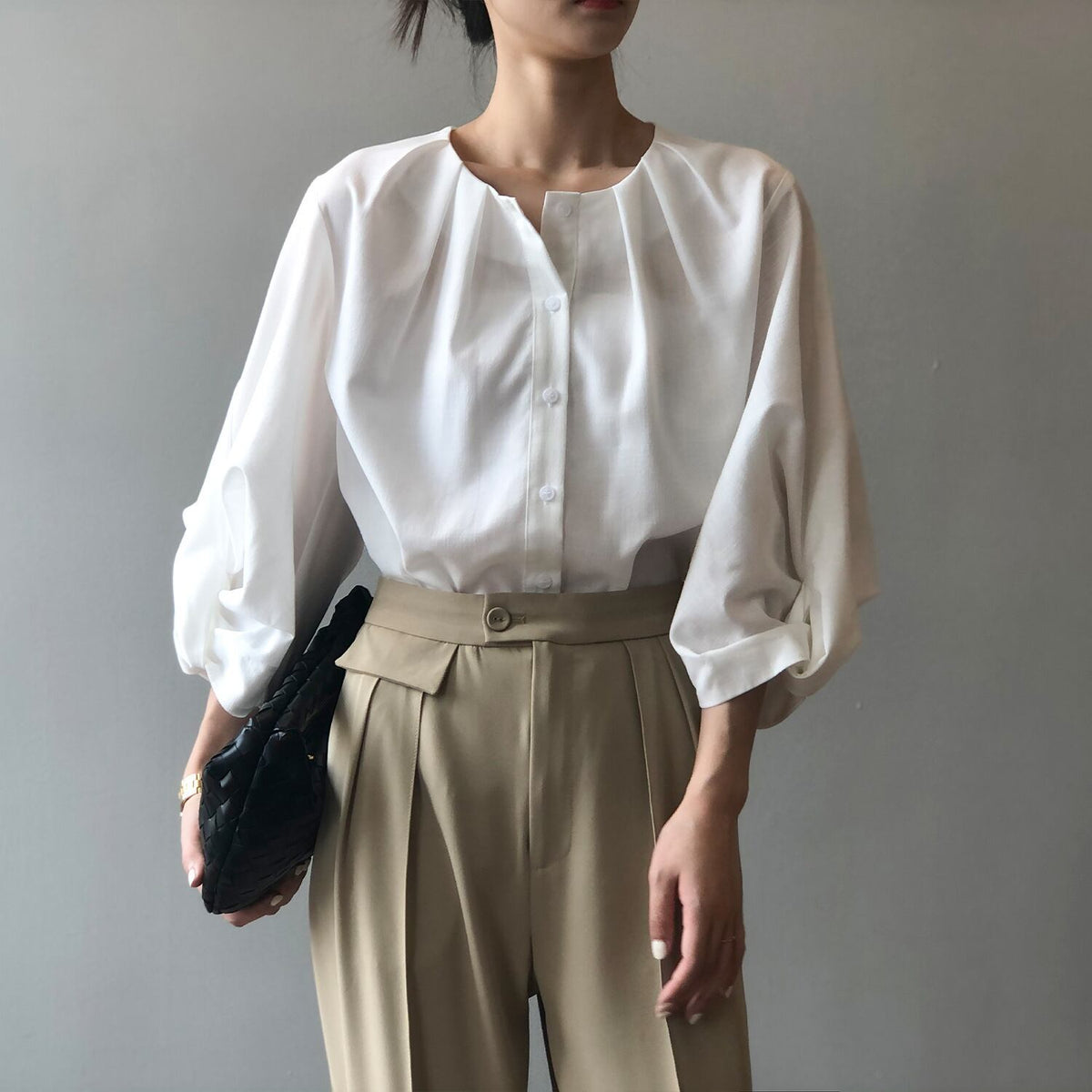 【tops】ランタンスリーブシャツブラウス　M29742