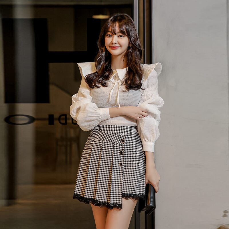 【set】ブラウス×千鳥格子スカートセット　M18730