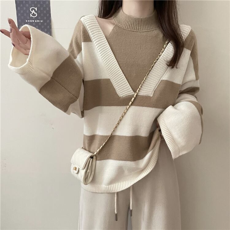 【tops】オフショルダーストライプ柄ニットG17450
