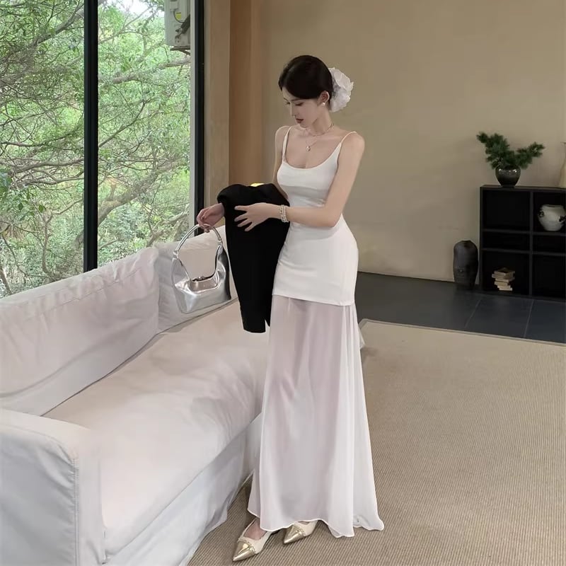 【dress】チュールドッキングロングキャミワンピース Q8154