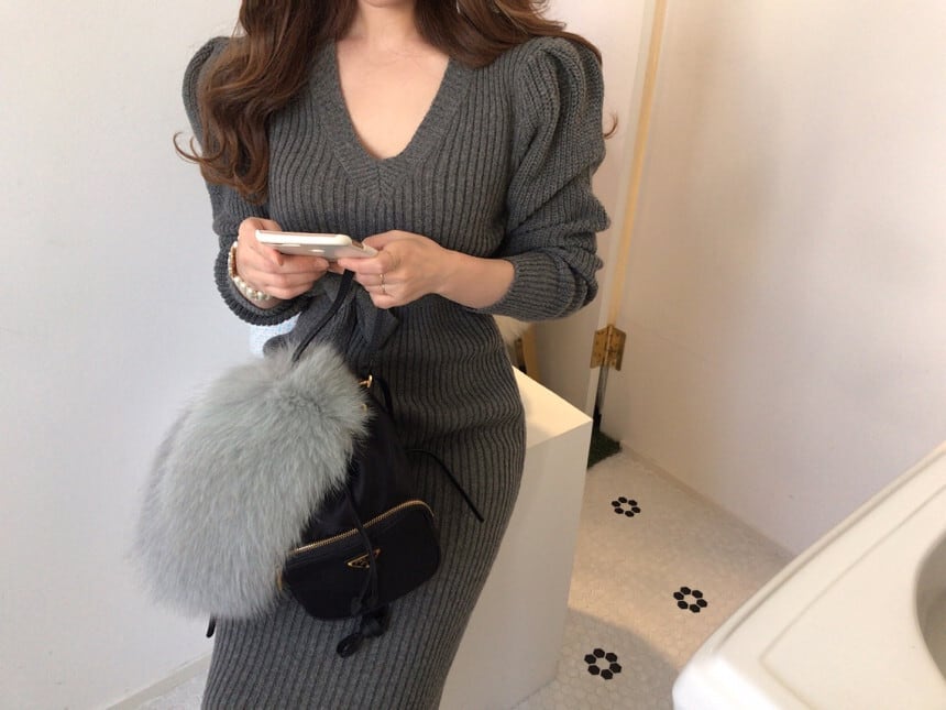 【dress】Vネックスリットタイトニットワンピース G16693