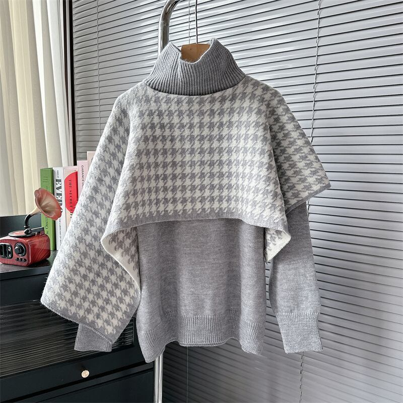 【tops】千鳥格子ドッキングニットセーター　M18543
