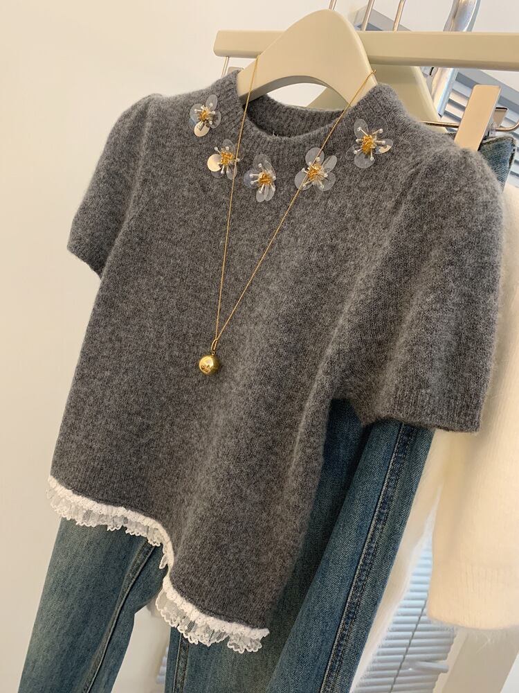 【tops】レース切り替えニットトップス　M29075
