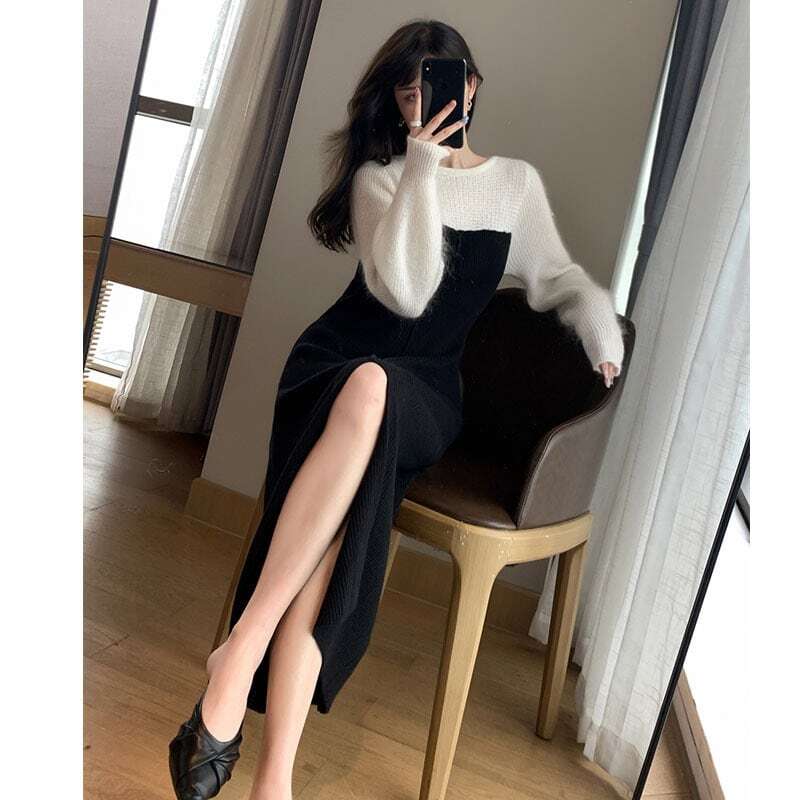 【dress】好感度UP!気質満点カラーマッチングレトロスリット着痩せニットワンピース G3908