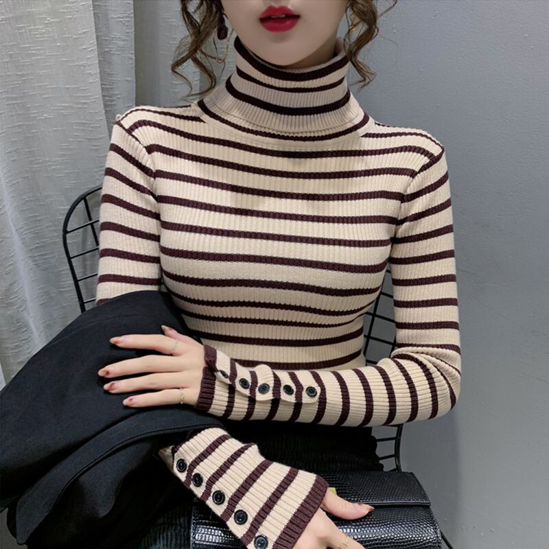 【tops】一目惚れ！4色ハイネック長袖体型カバーボーダー柄ファッションニットセーターF1046