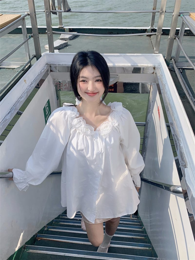【tops】立体フラワーシャツブラウス　M29823