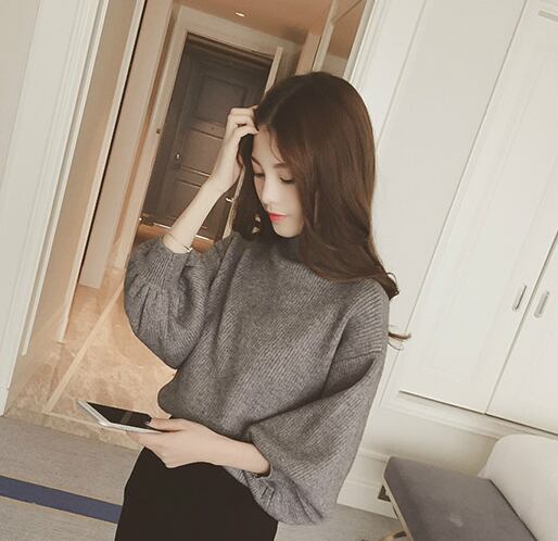 【tops】女性力を高める〜ハーフネック長袖パフ袖体型カバーファッション無地セーターF0826