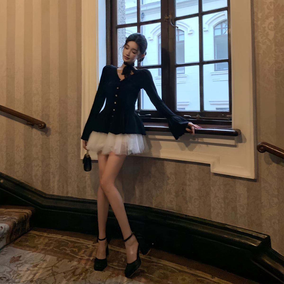 【set】ベルスリーブペプラムカーディガン×チュールミニスカートセット     N3374