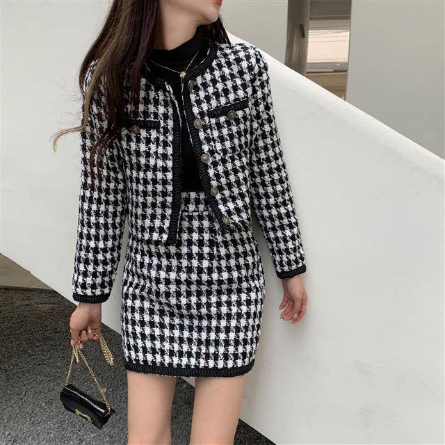 【set】細身効果抜群♪2点セット秋新作千鳥格子長袖ジャケット+タイトスカートF0781