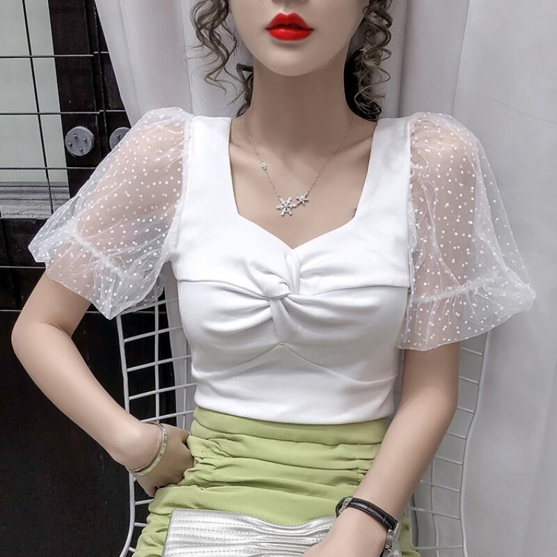 【tops】韓国風INS風スクエアネックメッシュ半袖着やせ無地TシャツF2235