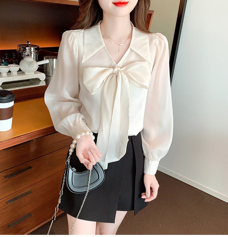 【tops】リボン付きシャツトップス　M25729