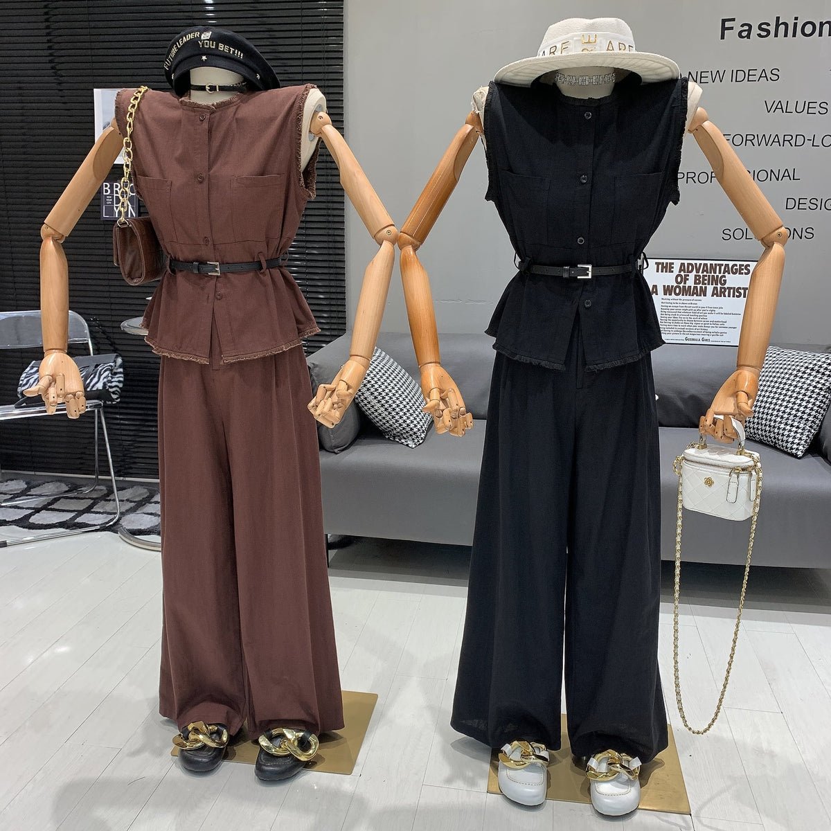 【set】ノースリーブトップス+ワイドパンツセットベルト付き　M24993