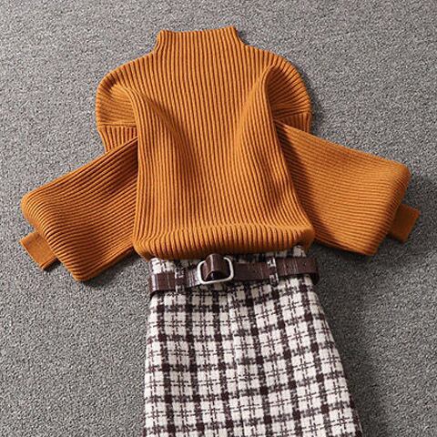 【set】店長推薦セットアップ無地長袖セーター+チェック柄スカート通勤日常秋新作2点セットF0818