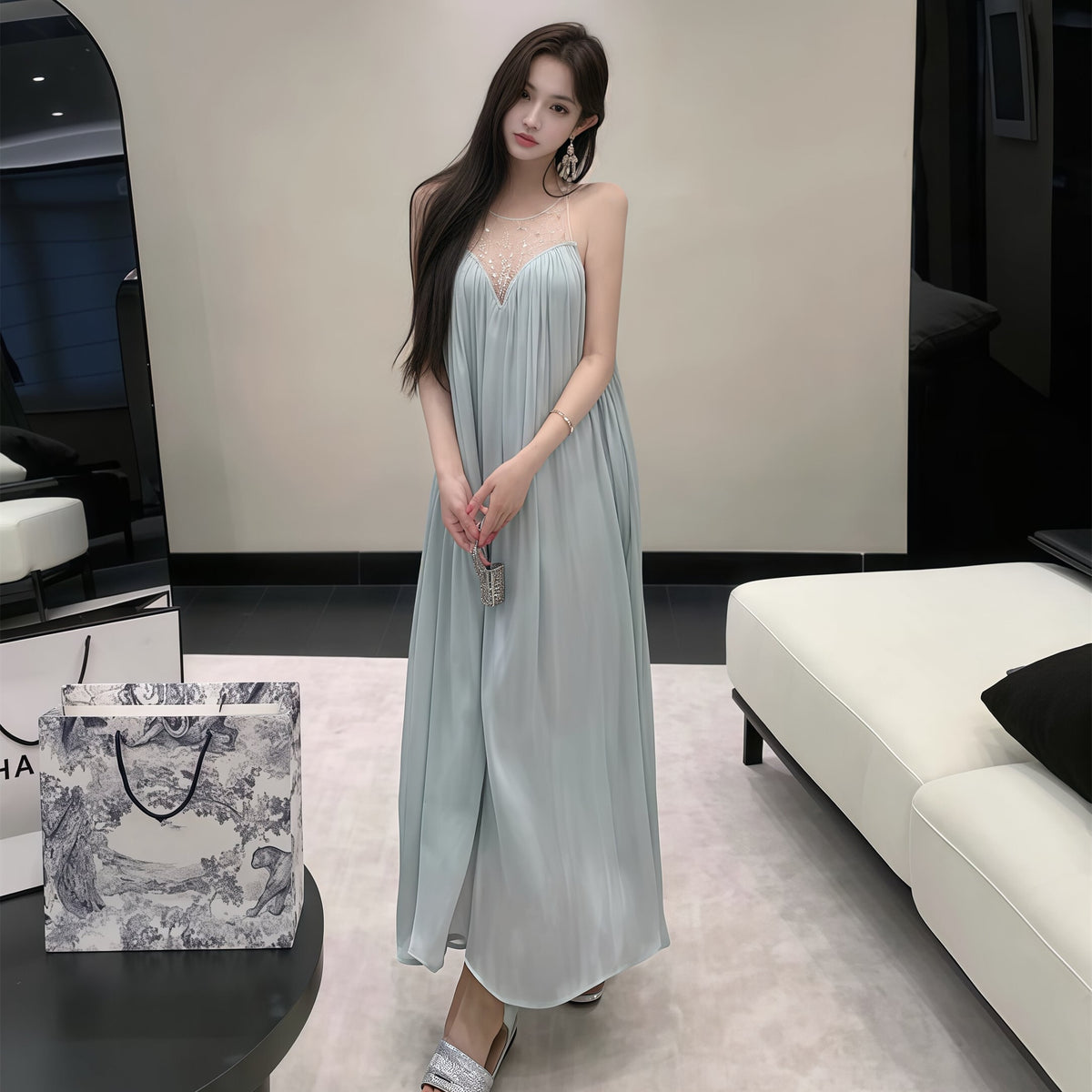 【dress】ラインストーン付きチュールドッキングロングワンピース Q8377