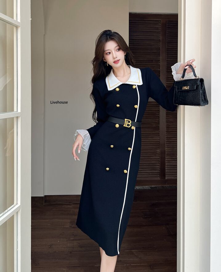 【dress】レースドッキングニットワンピース Q7584