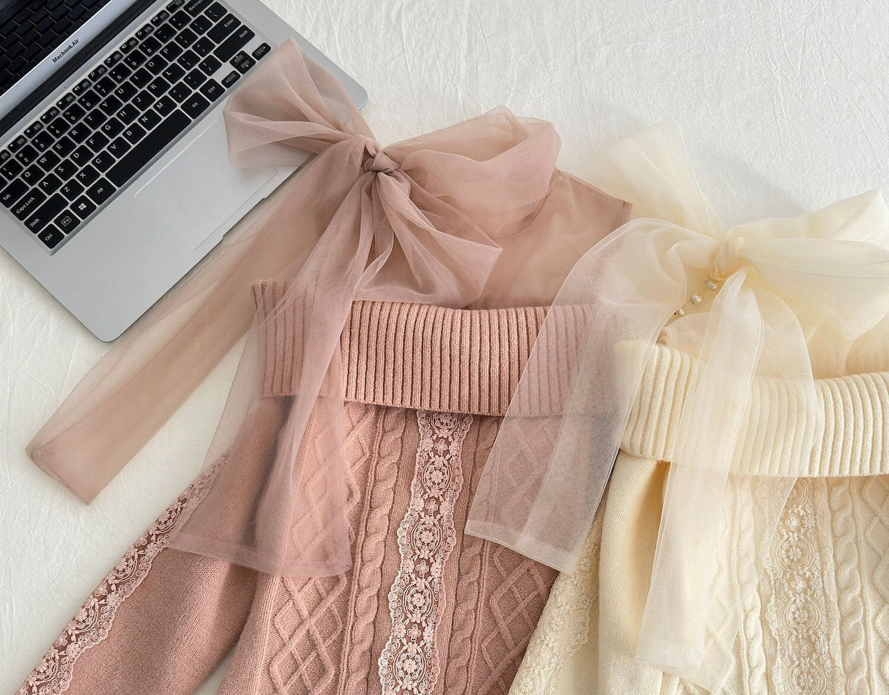 【dress】チュールドッキングリボンニットワンピースF8471