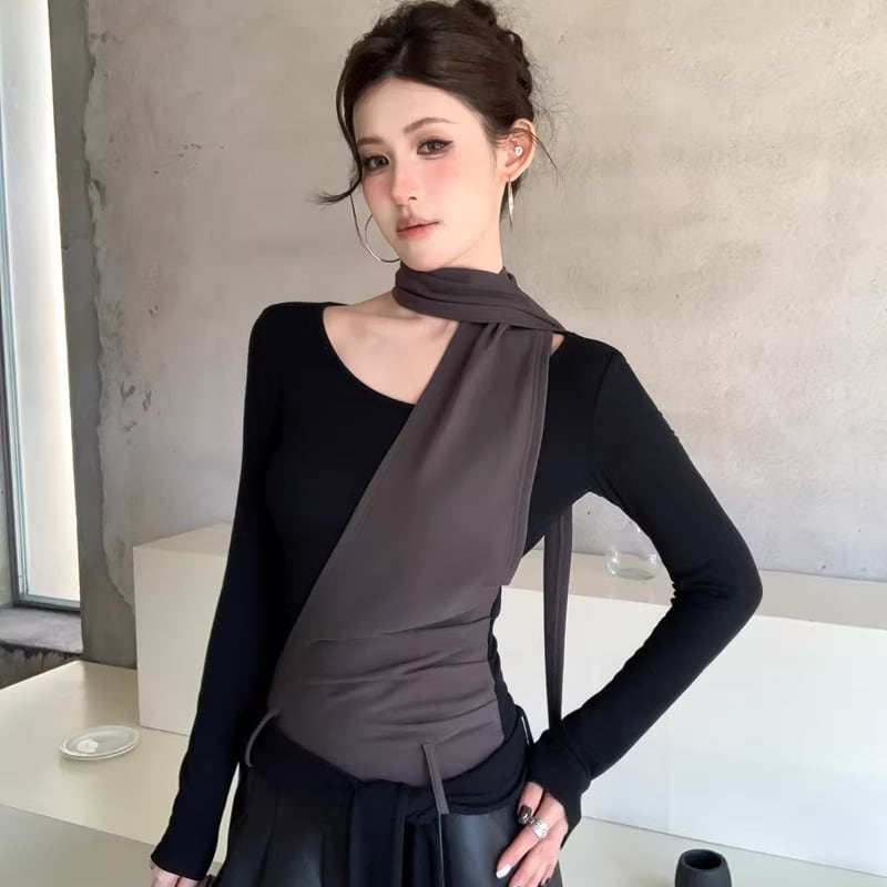 【tops】スカーフデザインフェイクレイヤードトップス Q8137