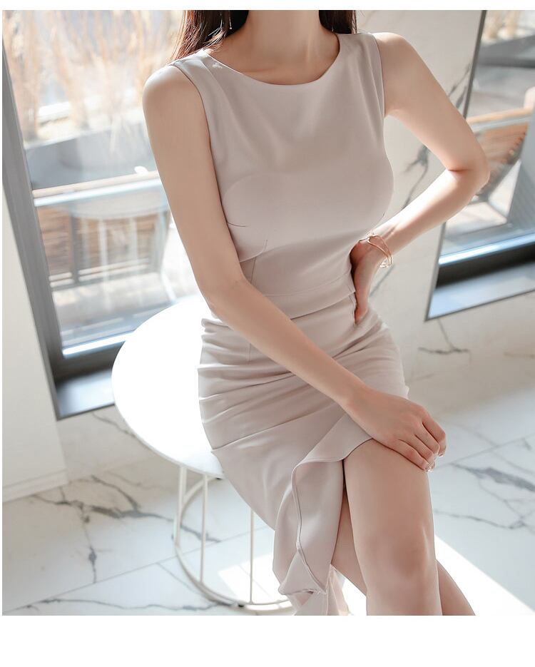 【dress】好感度UP!気質満点シンプル不規則フリルセクシースリットワンピース