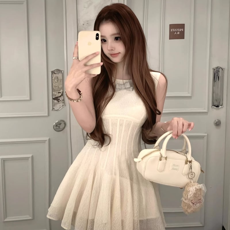【dress】リボン付ノースリーブミニワンピース Q7968