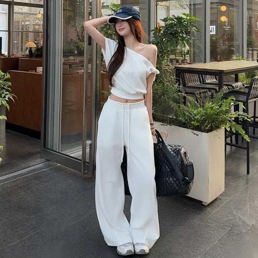 【set】ワンショルダートップス×ワイドパンツセット Q8411