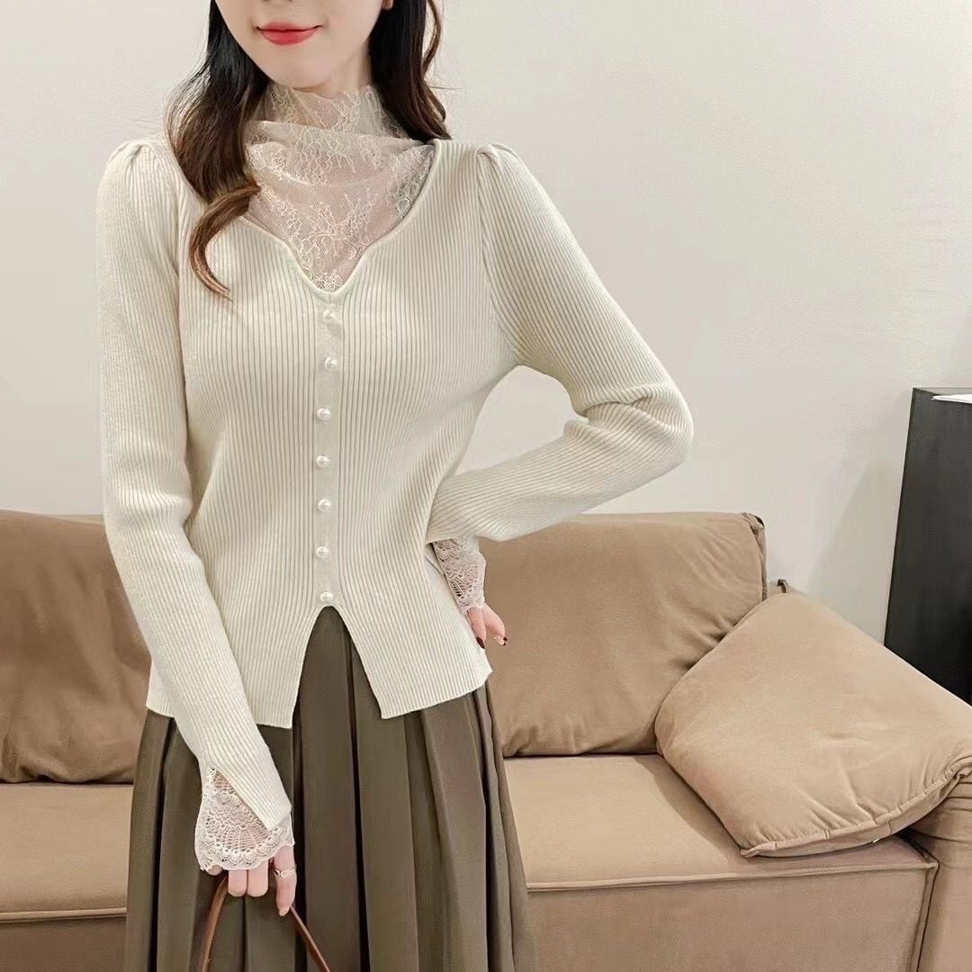 【tops】レースドッキングニットトップス　M28047