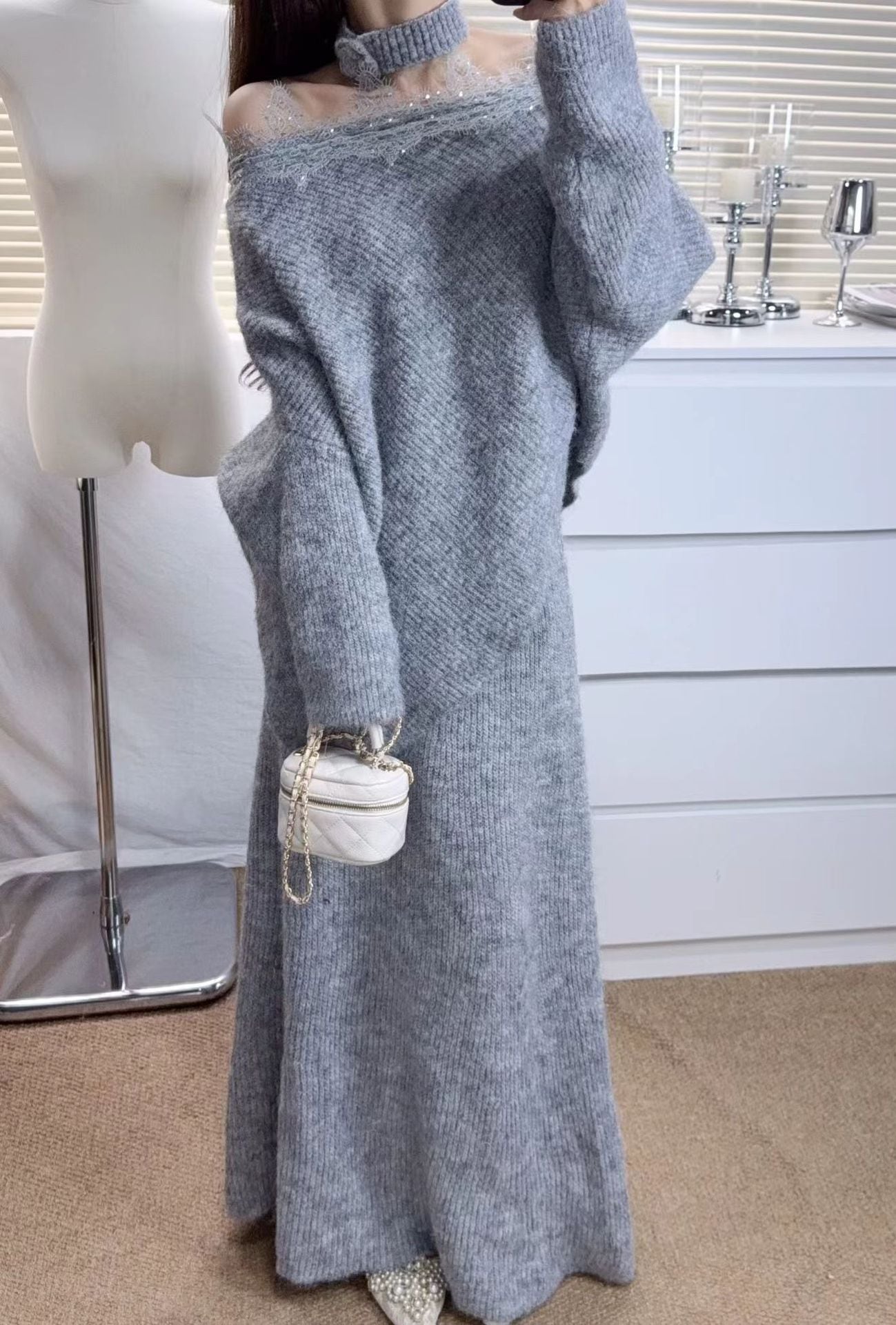 【set】レースドッキングニットトップス×ロングスカートセット Q6952
