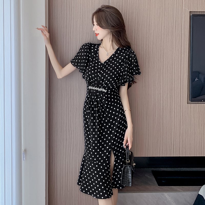 【dress】フランス風体型カバードット柄スリットワンピース G15210